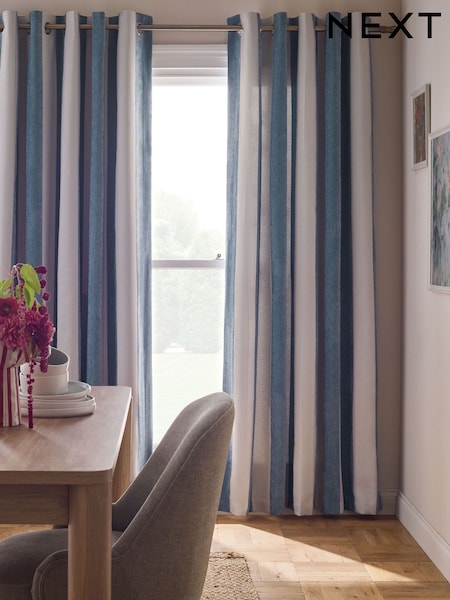 Blue/Natural Chenille Stripe Ruffle Top Fold Over Lined Curtains (W33499) | OMR41 - OMR71