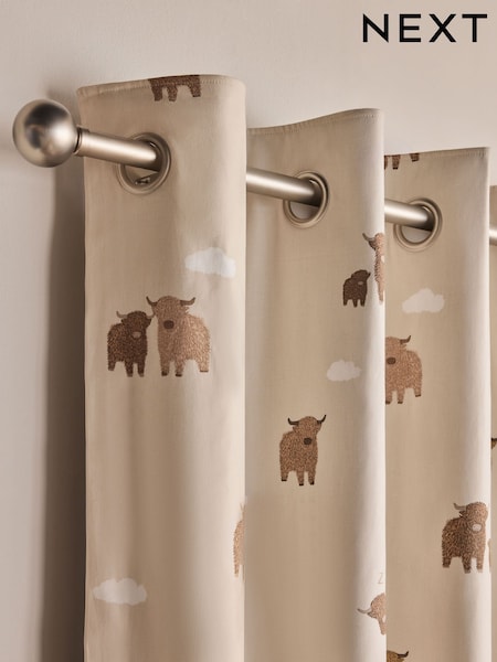 Natural Hamish The Highland Cow Blackout Thermal Eyelet Curtains (W33504) | AED231 - AED509