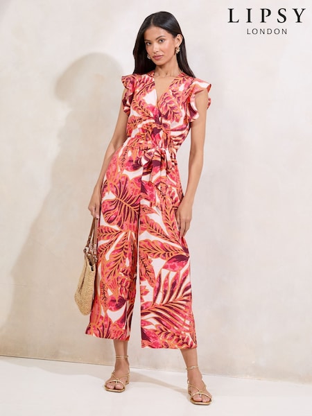Lipsy Pink Palm Print Flutter Sleeve V-Neck Jumpsuit (W33511) | €76