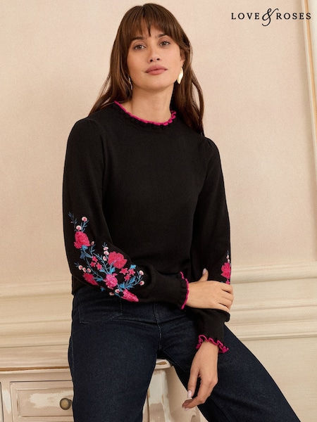 Love & Roses Black Floral Frill Neck Embroidered Jumper (W33546) | €53