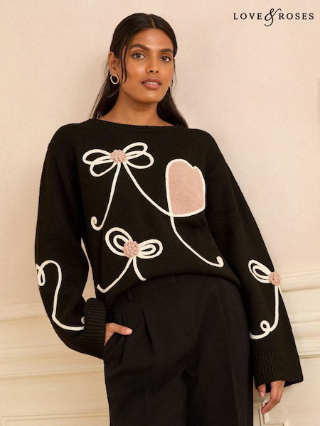 Love & Roses Black Bow and Heart Cornelli Knit Jumper (W33549) | AED256