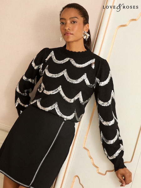 Love & Roses Black Scallop Sequin Cosy Knit Jumper With Wool (W33564) | € 49