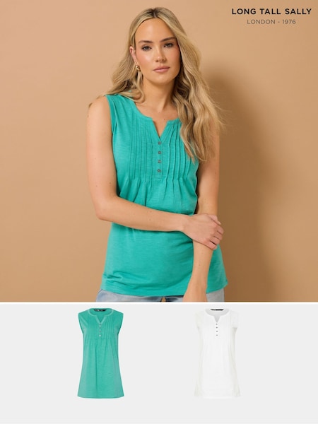 Long Tall Sally Green 100% Cotton Sleeveless Henley T-Shirts 2 Pack (W33593) | AZN 83