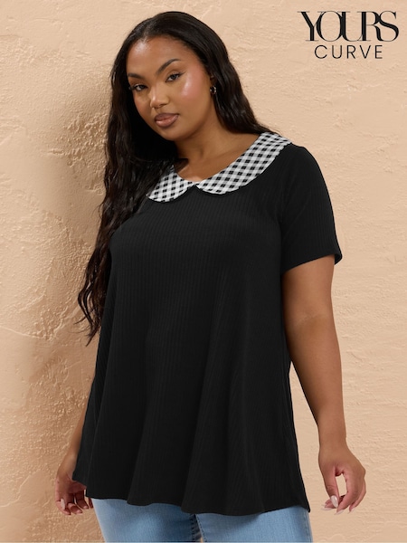 Yours Curve Black Collar Ribbed Swing Top (W33605) | R$ 235