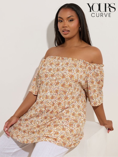Yours Curve Brown Frill Bardot Blouse (W33631) | AZN 68