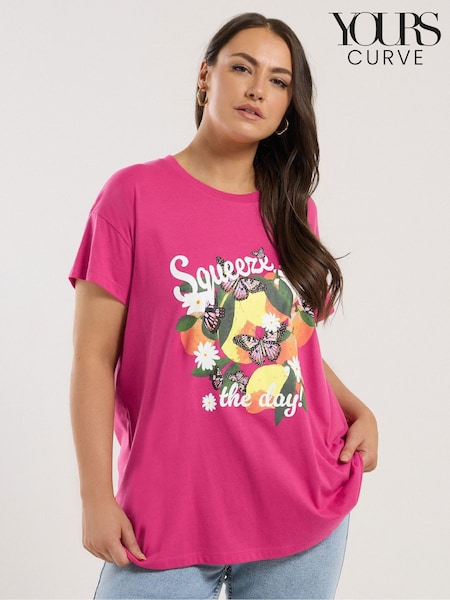 Yours Curve Pink Squeeze The Day Placement T-Shirt (W33633) | €29