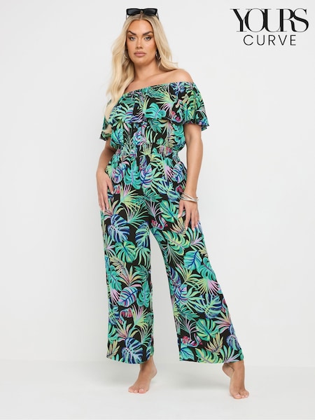 Yours Curve Green Leaf Bardot Jumpsuit (W33642) | 168 QAR