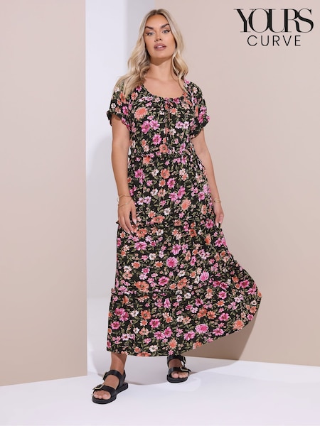 Yours Curve Chrome Black Milkmaid Tiered Maxi Dress (W33651) | R$ 405