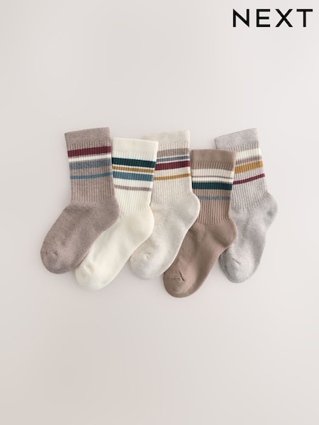 Neutral/Tan Cushioned Footbed Cotton Rich Ribbed Tipped Socks 5 Pack (W33704) | 37 QAR - 52 QAR