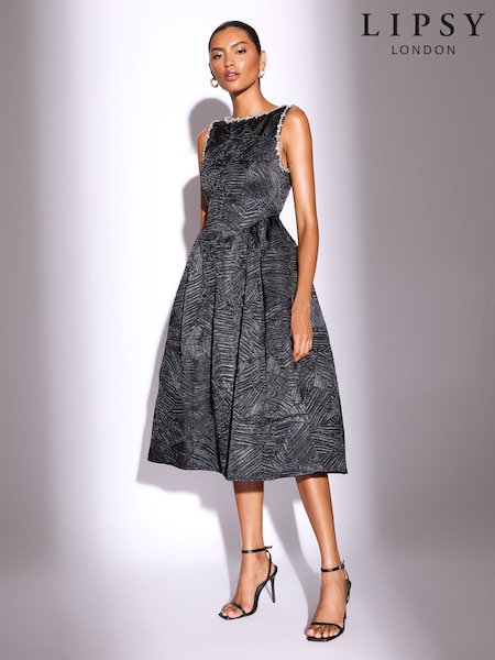 Lipsy Black Petite Premium Textured Diamonte Embellished Skater Midi Dress (W33722) | €205