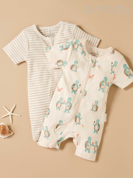 Natur - Purebaby Turtle Print Short Sleeve 100% Cotton Sleepsuits 2 Pack (W33768) | 47 €