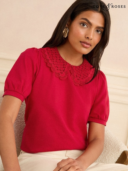 Love & Roses Red Lace Collar Jersey Short Sleeve T-Shirt (W33914) | €28