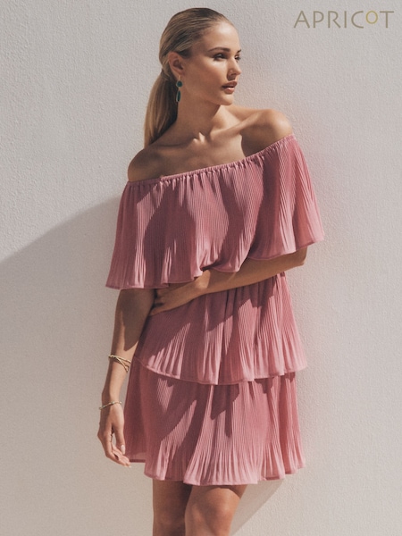 Apricot Purple Plisse Layered Bardot Dress (W33944) | €58