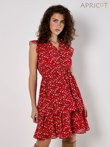 Apricot Red Tiny Vine Flower Print Layered Dress (W33947) | €51