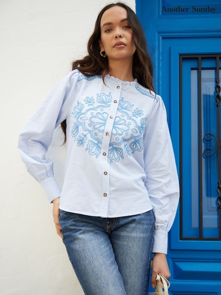 Another Sunday Blue Stripe Embroidered Button Through Frill Collar 100% Cotton Blouse (W33957) | €53