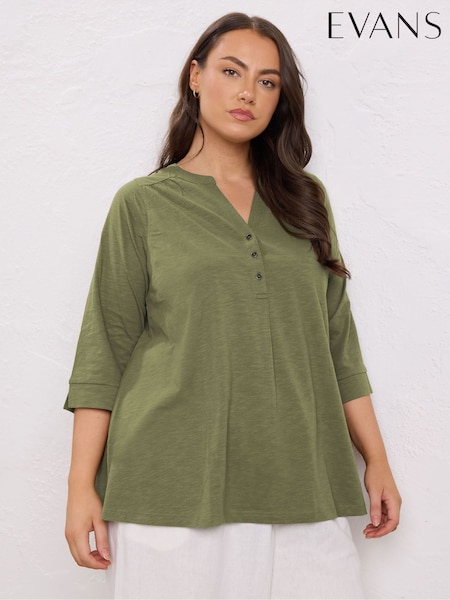 Evans Pleated Front 100% Cotton Henley Blouses (W33966) | 144 QAR