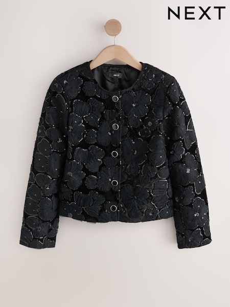 Black Velvet Sequin Floral Embroidered Jacket (W34201) | €110