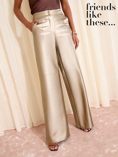 Friends Like These X Lucy Mecklenburgh Gold Petite Faux Leather Tailored Wide Leg Trousers (W34247) | AED245