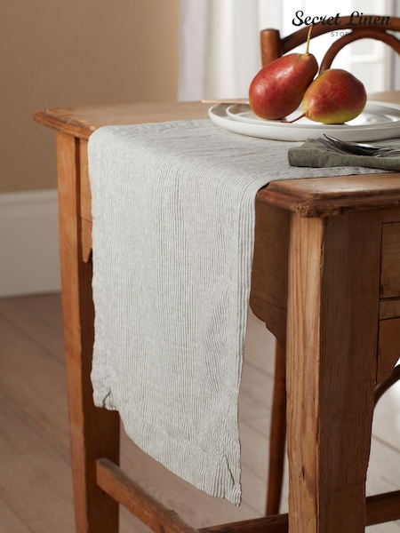 Secret Linen Store Olive Green Sid Stripe 100% Linen Table Runner (W34268) | €51