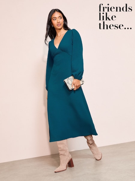 Verde azulado - Friends Like These Textured Jersey V-Neck Long Sleeve Midi Dress (W34481) | 59 €
