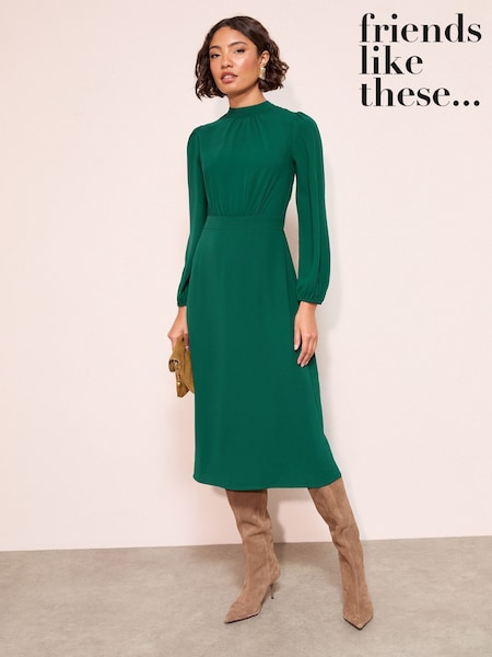 Friends Like These Green High Neck Long Sleeve Midi Dress with Bow Detailing (W34488) | €68