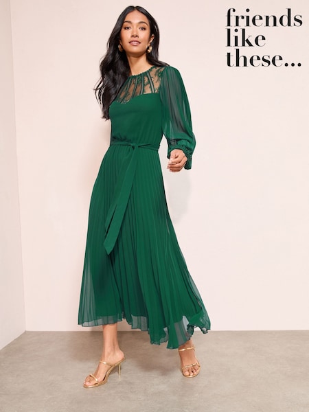 Friends Like These Green Lace Yoke Long Sleeve Pleated Chiffon Midi Dress (W34497) | €116