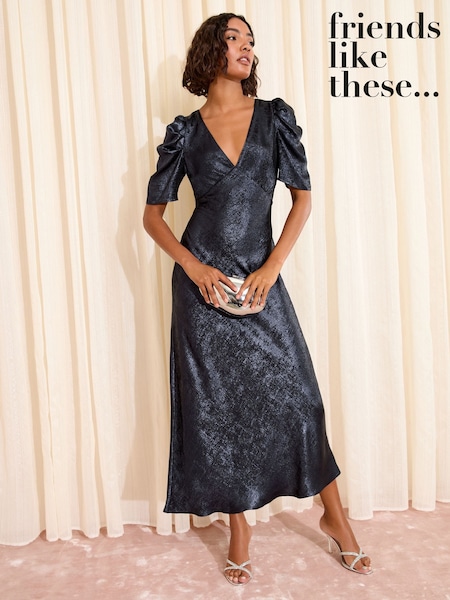 Friends Like These Navy Lurex Ruched Puff Sleeve V-Neck Midi Dress (W34509) | €64