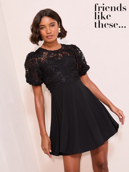 Friends Like These Black 3D Floral Scuba Mix Puff Sleeve Mini Dress (W34515) | 272 QAR