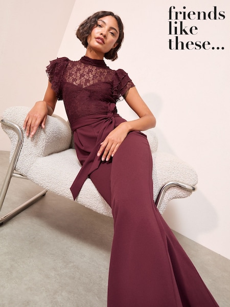 Friends Like These Purple Lace Scuba Mix Frill Sleeve Jumpsuit (W34517) | €69