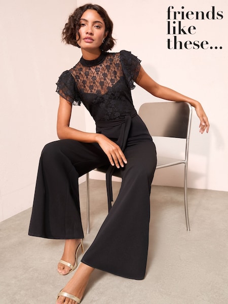 Friends Like These Black Petite Lace Scuba Mix Frill Sleeve Jumpsuit (W34545) | €69