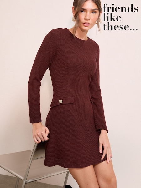 Friends Like These Burgundy Red Petite Long Sleeve Pocket Detail Cosy Mini Dress (W34555) | €50