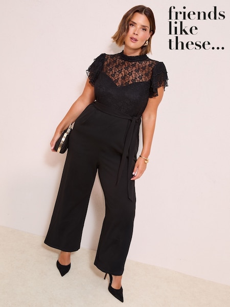 Friends Like These Black Curve Lace Scuba Mix Frill Sleeve Jumpsuit (W34568) | €69