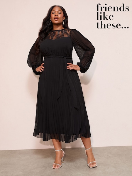 Friends Like These Black Curve Lace Yoke Long Sleeve Pleated Chiffon Midi Dress (W34570) | 426 QAR