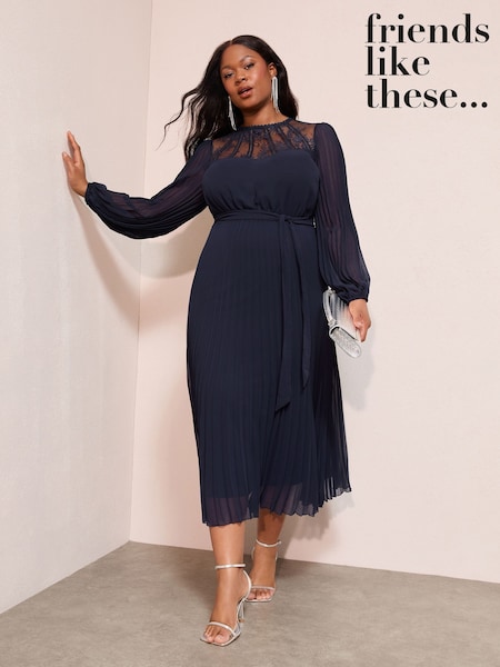 Friends Like These Navy Curve Lace Yoke Long Sleeve Pleated Chiffon Midi Dress (W34575) | 426 QAR