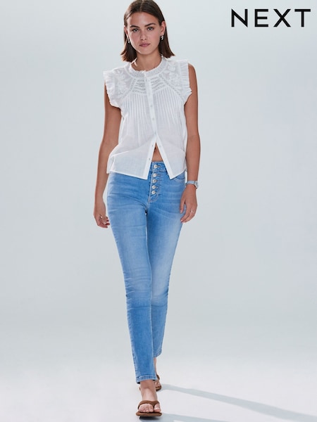Mid Blue Denim Skinny Silver Button Front Jeans (W34584) | €38