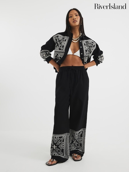 River Island Black Petite Cutwork Artisanal Trousers (W34653) | $73