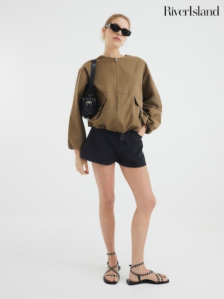 River Island Black Denim Elasticated A Line 100% Cotton Shorts (W34675) | $45