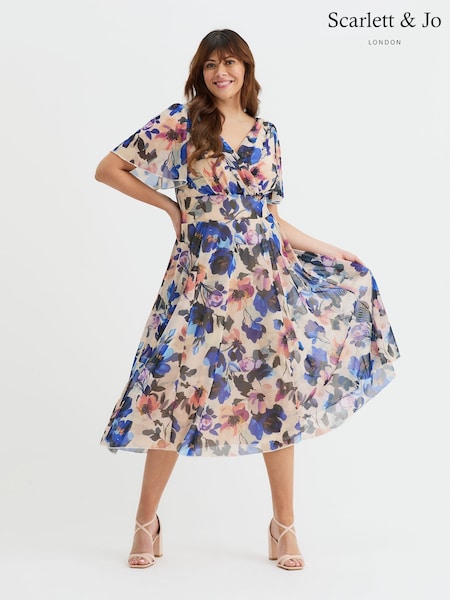 Scarlett & Jo Cream Victoria Angel Sleeve Mesh Midi long Dress (W34680) | 421 QAR