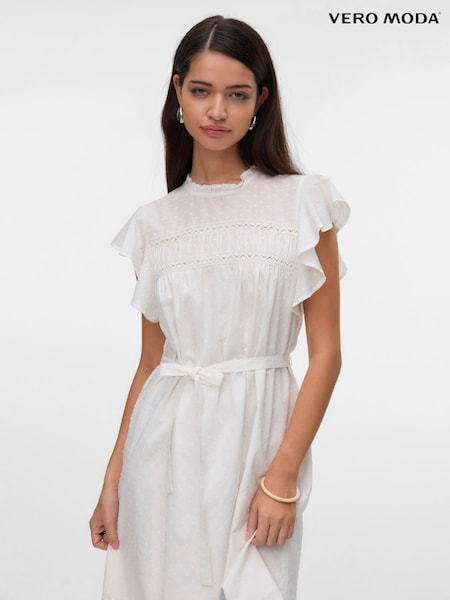 VERO MODA White Lace Trim Flutter Sleeve Dress (W34687) | €55