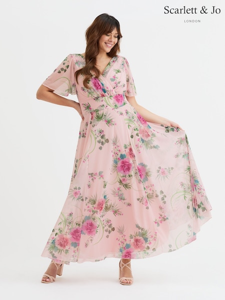 Scarlett & Jo Pink Flower Curve Isabelle Angel Sleeve Maxi Dress (W34688) | 470 QAR