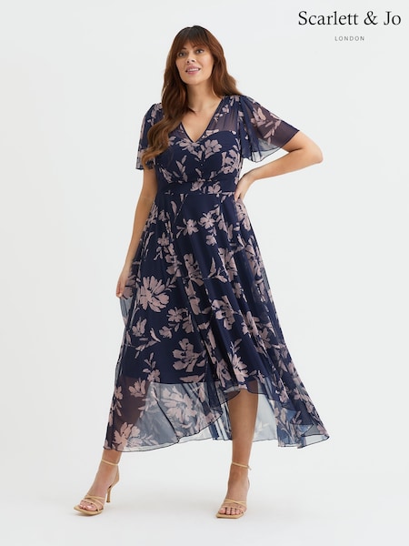 Scarlett & Jo Purple Tilly  Wine Rose Print Angel Sleeve Sweetheart Dress (W34689) | 445 QAR
