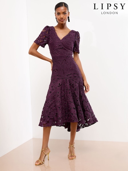 Lipsy Dark Purple Petite Puff Sleeve Embellished Appliqué Bodycon Midi Dress (W34696) | €219