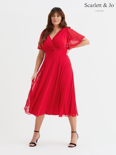 Scarlett & Jo Red Victoria Solid Angel Sleeve Mesh Midi Long Dress (W34697) | R$ 790