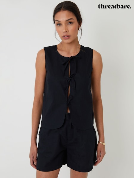 Threadbare Black Tie Front Linen Blend Waistcoat (W34765) | 1,682 UAH