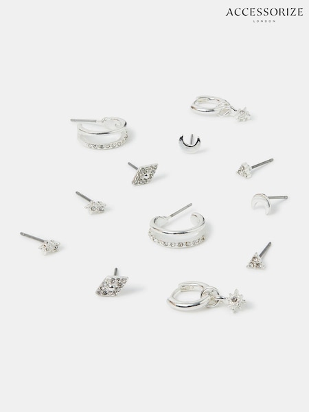 Accessorize Silver Tone Starry Night Stud and Hoop Earrings 6 Pack (W34793) | ₪85