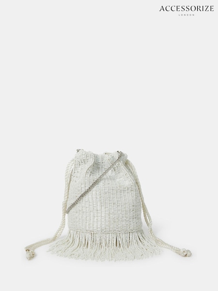 Accessorize Natural Bridal Bead Fringe Bucket Bag (W34802) | kr571