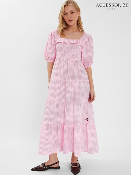 Accessorize Pink Cherry Gingham Puff-Sleeve Maxi 100% Cotton Dress (W34812) | €80