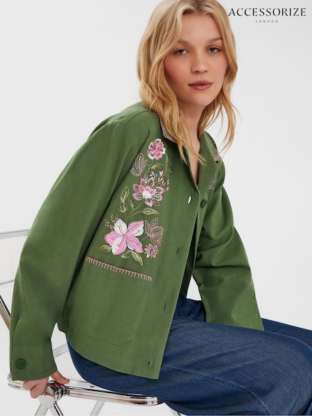Accessorize Green Jasmine Embroidered 100% Cotton Jacket (W34815) | ₪251