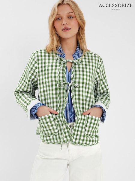 Accessorize Green Cherry Gingham Quilted 100% Cotton Jacket (W34820) | ₪352