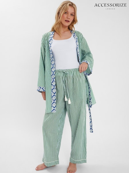 Accessorize Green Dandelion Stripe Short 100% Cotton Robe (W34827) | €44